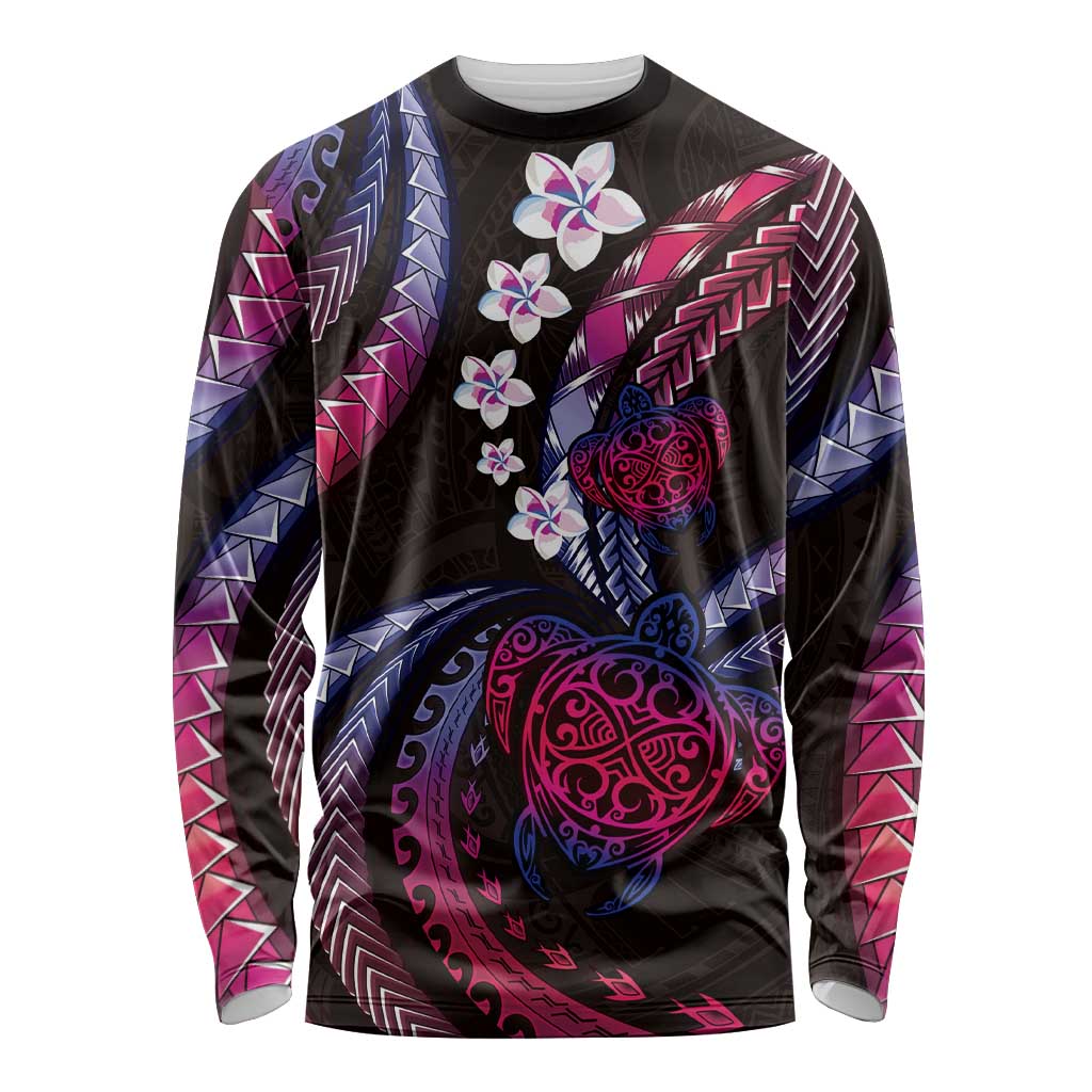 Hawaii Turtles Plumeria Long Sleeve Shirt Sweet Gradient Polynesian Pattern
