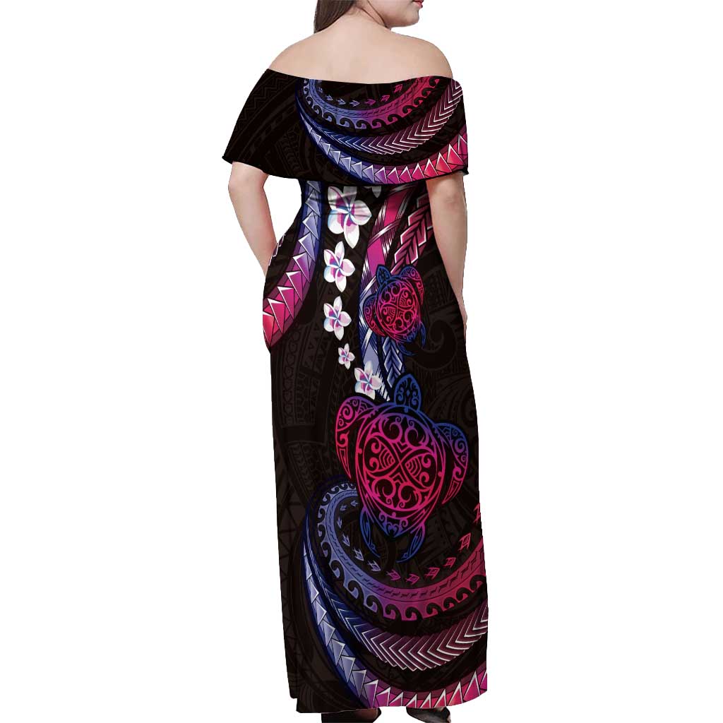 Hawaii Turtles Plumeria Off Shoulder Maxi Dress Sweet Gradient Polynesian Pattern