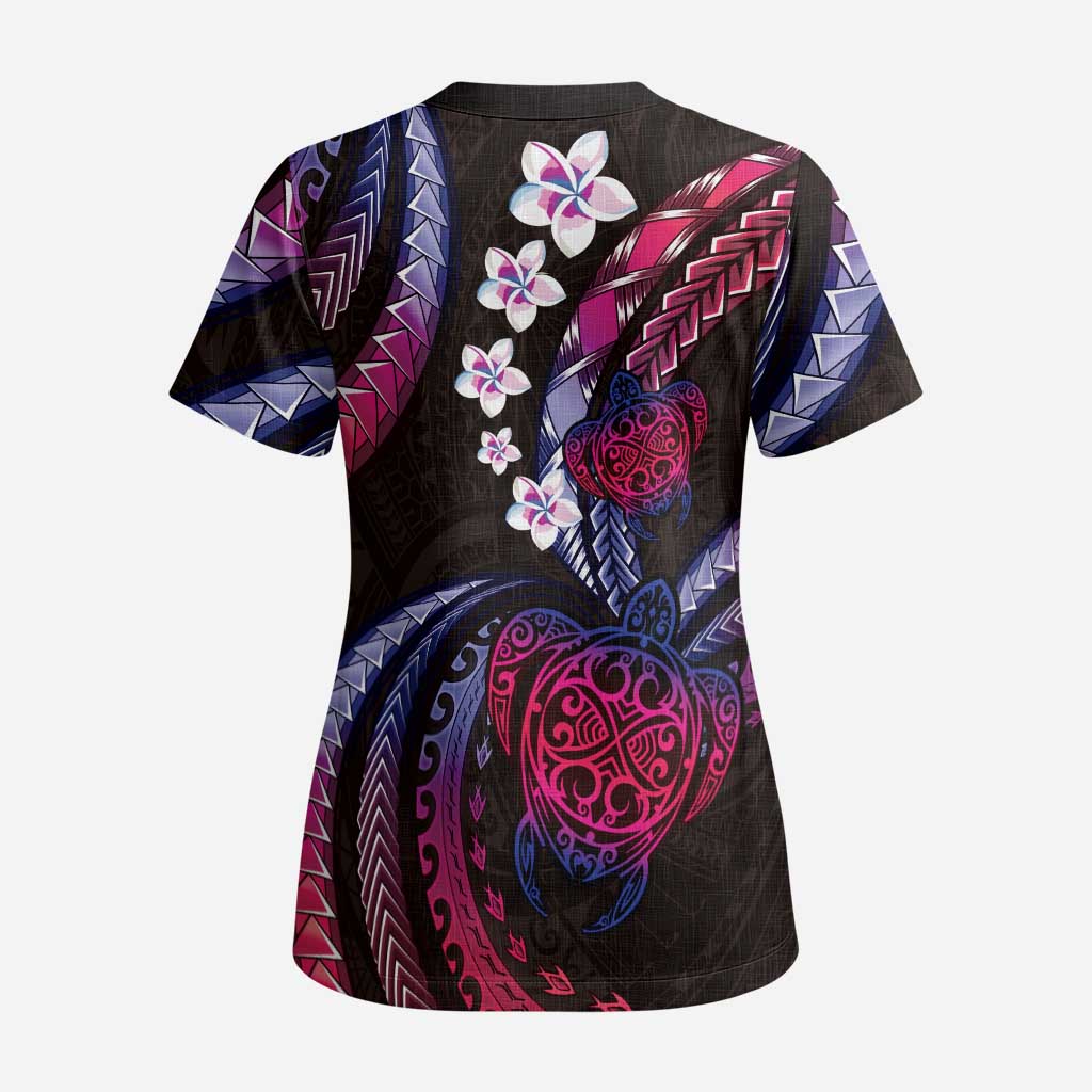 Hawaii Turtles Plumeria Scrub Top Sweet Gradient Polynesian Pattern - Polynesian Pride