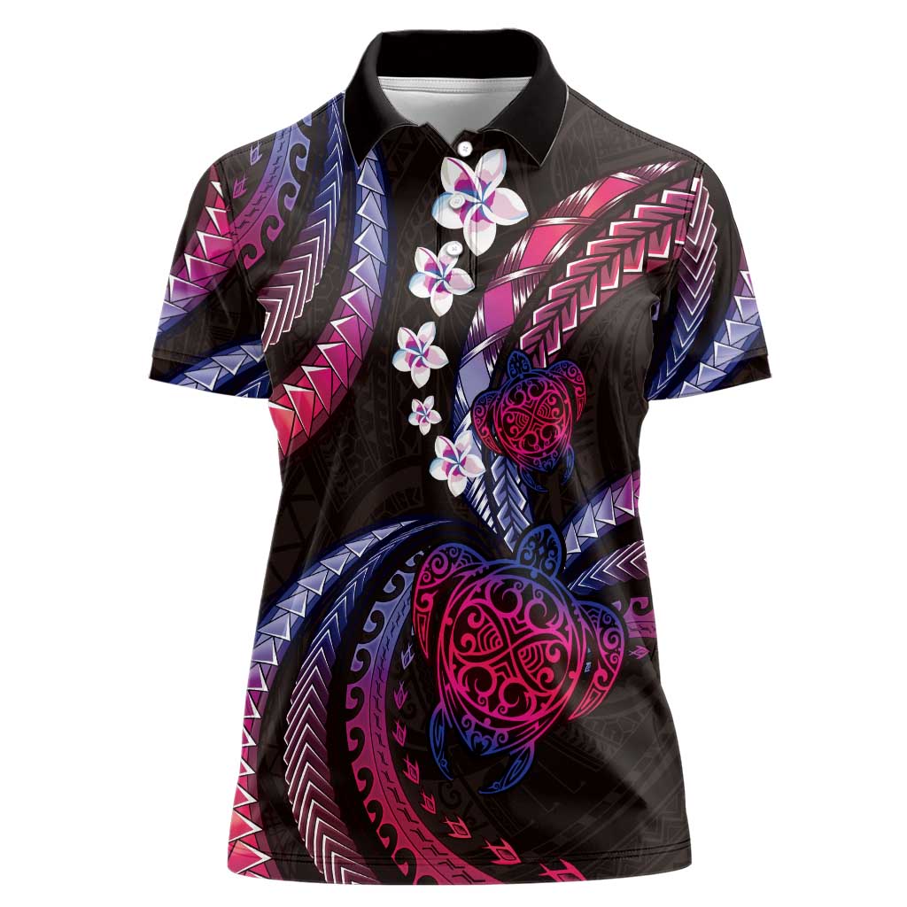 Hawaii Turtles Plumeria Women Polo Shirt Sweet Gradient Polynesian Pattern