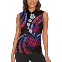 Hawaii Turtles Plumeria Women Sleeveless Polo Shirt Sweet Gradient Polynesian Pattern