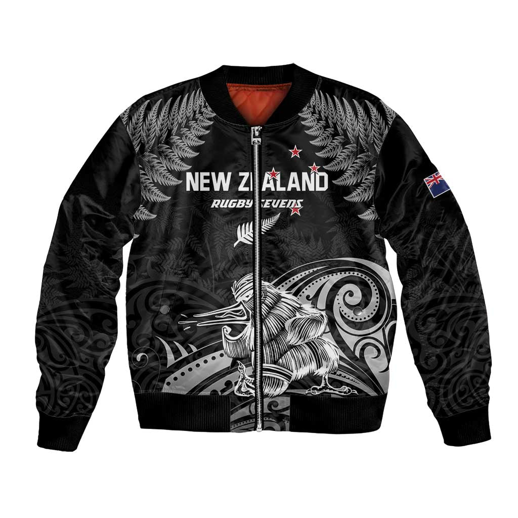 Custom New Zealand 2024 Rugby Bomber Jacket Silver Fern Aotearoa Kiwi LT01 Unisex Black - Polynesian Pride