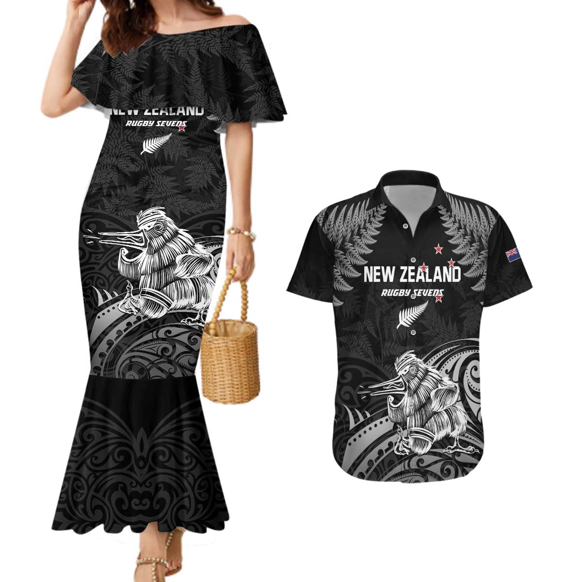Custom New Zealand 2024 Rugby Couples Matching Mermaid Dress and Hawaiian Shirt Silver Fern Aotearoa Kiwi LT01 Black - Polynesian Pride
