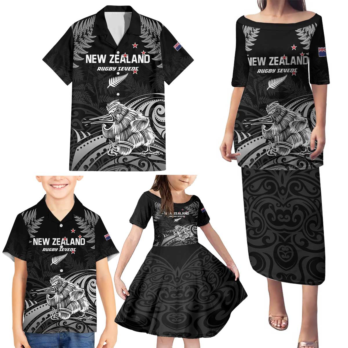 Custom New Zealand 2024 Rugby Family Matching Puletasi and Hawaiian Shirt Silver Fern Aotearoa Kiwi