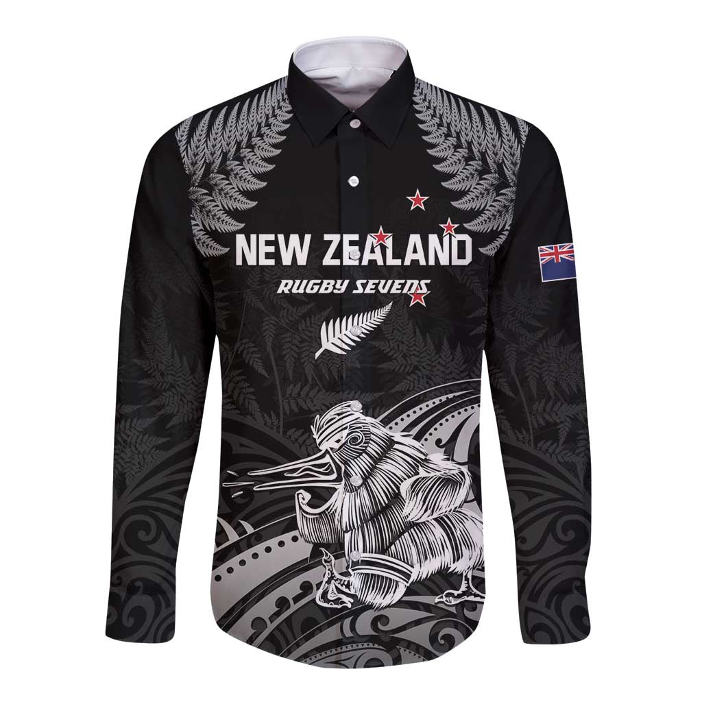 Custom New Zealand 2024 Rugby Long Sleeve Button Shirt Silver Fern Aotearoa Kiwi LT01 Unisex Black - Polynesian Pride