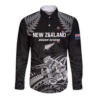 Custom New Zealand 2024 Rugby Long Sleeve Button Shirt Silver Fern Aotearoa Kiwi LT01 Unisex Black - Polynesian Pride