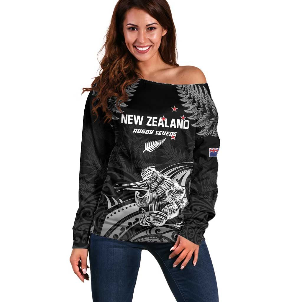 Custom New Zealand 2024 Rugby Off Shoulder Sweater Silver Fern Aotearoa Kiwi LT01 Women Black - Polynesian Pride