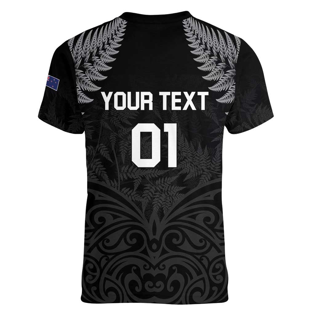 Custom New Zealand 2024 Rugby Women V-Neck T-Shirt Silver Fern Aotearoa Kiwi