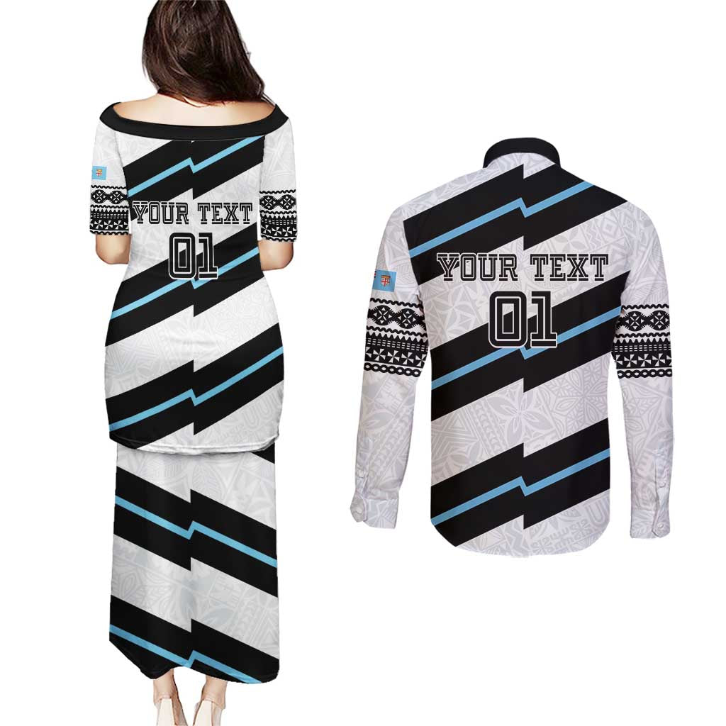 Custom Fiji 2024 Rugby Couples Matching Puletasi and Long Sleeve Button Shirt Fijian Tapa Pattern