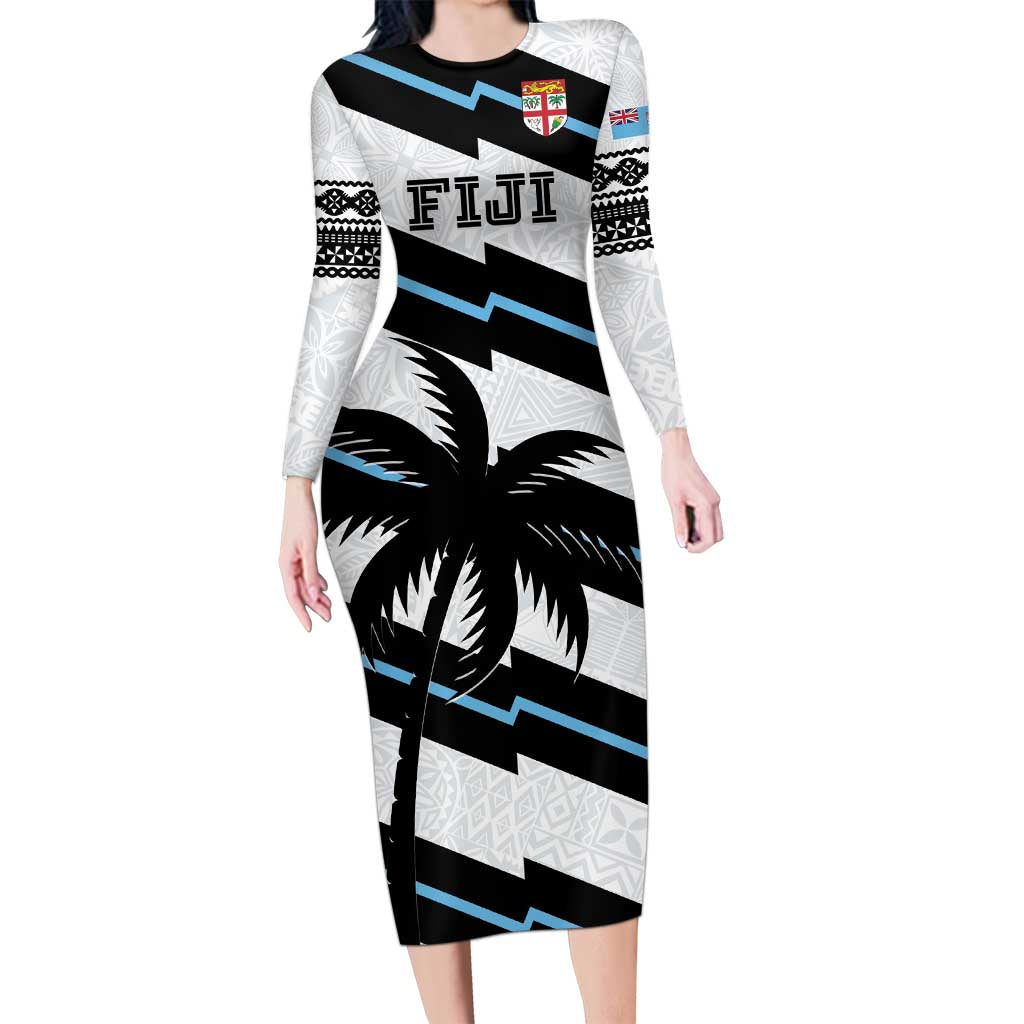 Custom Fiji 2024 Rugby Long Sleeve Bodycon Dress Fijian Tapa Pattern LT01 Long Dress White - Polynesian Pride