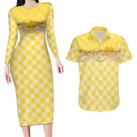 Hawaii Palaka Pikake Lokelani Plumeria Couples Matching Long Sleeve Bodycon Dress and Hawaiian Shirt Melemele Coquette Bow