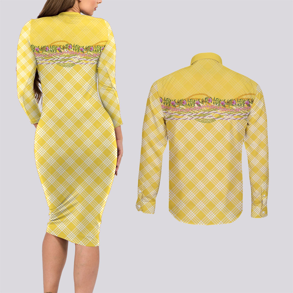 Hawaii Palaka Pikake Lokelani Plumeria Couples Matching Long Sleeve Bodycon Dress and Long Sleeve Button Shirt Melemele Coquette Bow