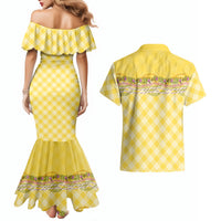 Hawaii Palaka Pikake Lokelani Plumeria Couples Matching Mermaid Dress and Hawaiian Shirt Melemele Coquette Bow