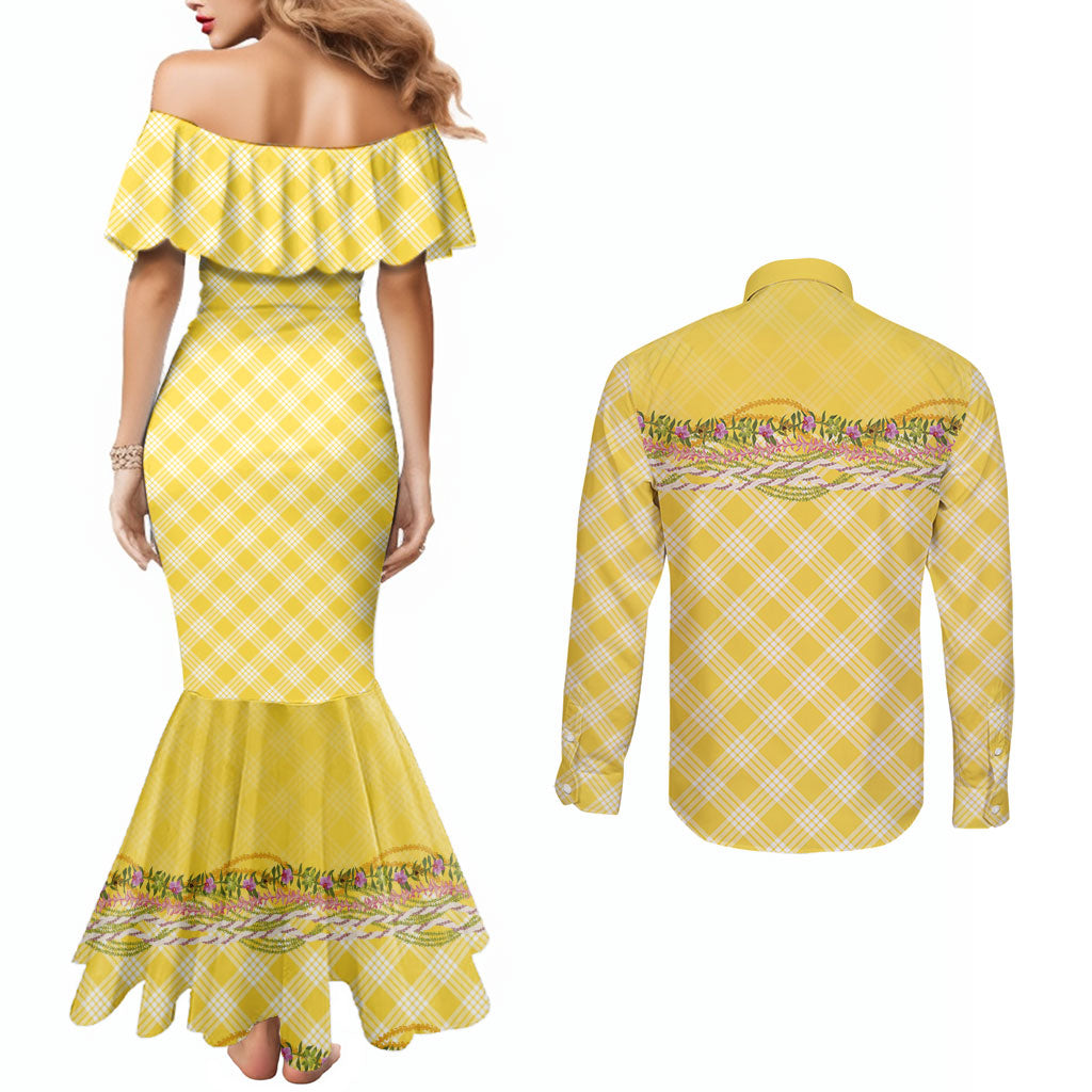 Hawaii Palaka Pikake Lokelani Plumeria Couples Matching Mermaid Dress and Long Sleeve Button Shirt Melemele Coquette Bow