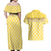 Hawaii Palaka Pikake Lokelani Plumeria Couples Matching Off Shoulder Maxi Dress and Hawaiian Shirt Melemele Coquette Bow