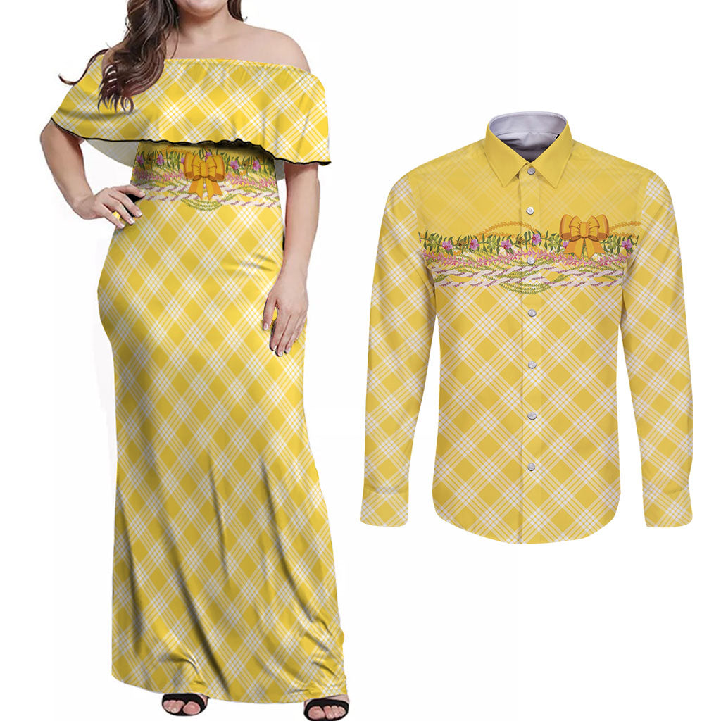 Hawaii Palaka Pikake Lokelani Plumeria Couples Matching Off Shoulder Maxi Dress and Long Sleeve Button Shirt Melemele Coquette Bow