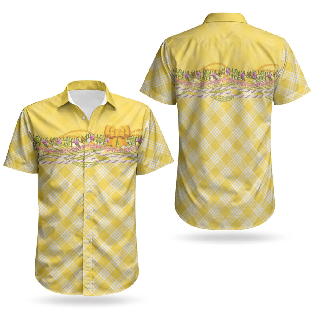 Hawaii Palaka Pikake Lokelani Plumeria Couples Matching Off Shoulder Short Dress and Hawaiian Shirt Melemele Coquette Bow LT01 - Polynesian Pride