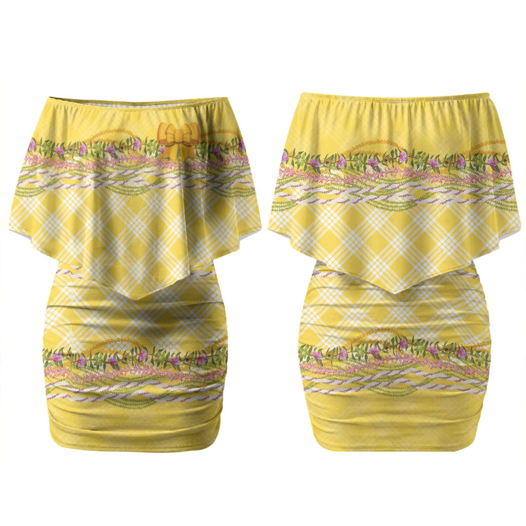 Hawaii Palaka Pikake Lokelani Plumeria Couples Matching Off Shoulder Short Dress and Long Sleeve Button Shirt Melemele Coquette Bow LT01 - Polynesian Pride