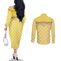 Hawaii Palaka Pikake Lokelani Plumeria Couples Matching Off The Shoulder Long Sleeve Dress and Long Sleeve Button Shirt Melemele Coquette Bow