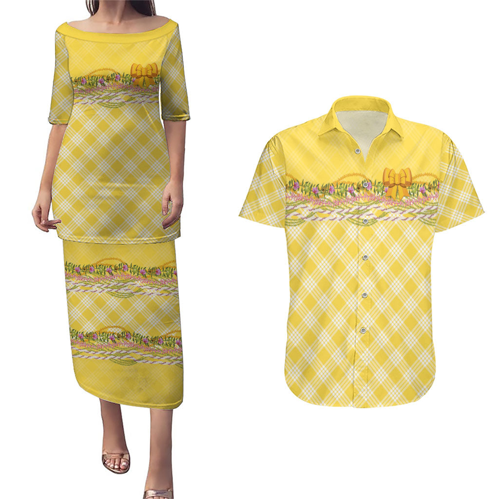 Hawaii Palaka Pikake Lokelani Plumeria Couples Matching Puletasi and Hawaiian Shirt Melemele Coquette Bow