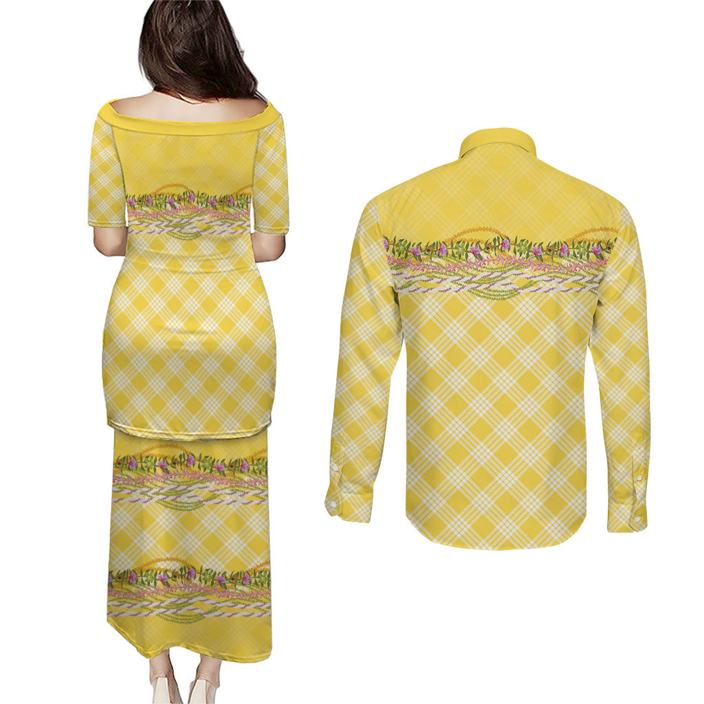 Hawaii Palaka Pikake Lokelani Plumeria Couples Matching Puletasi and Long Sleeve Button Shirt Melemele Coquette Bow