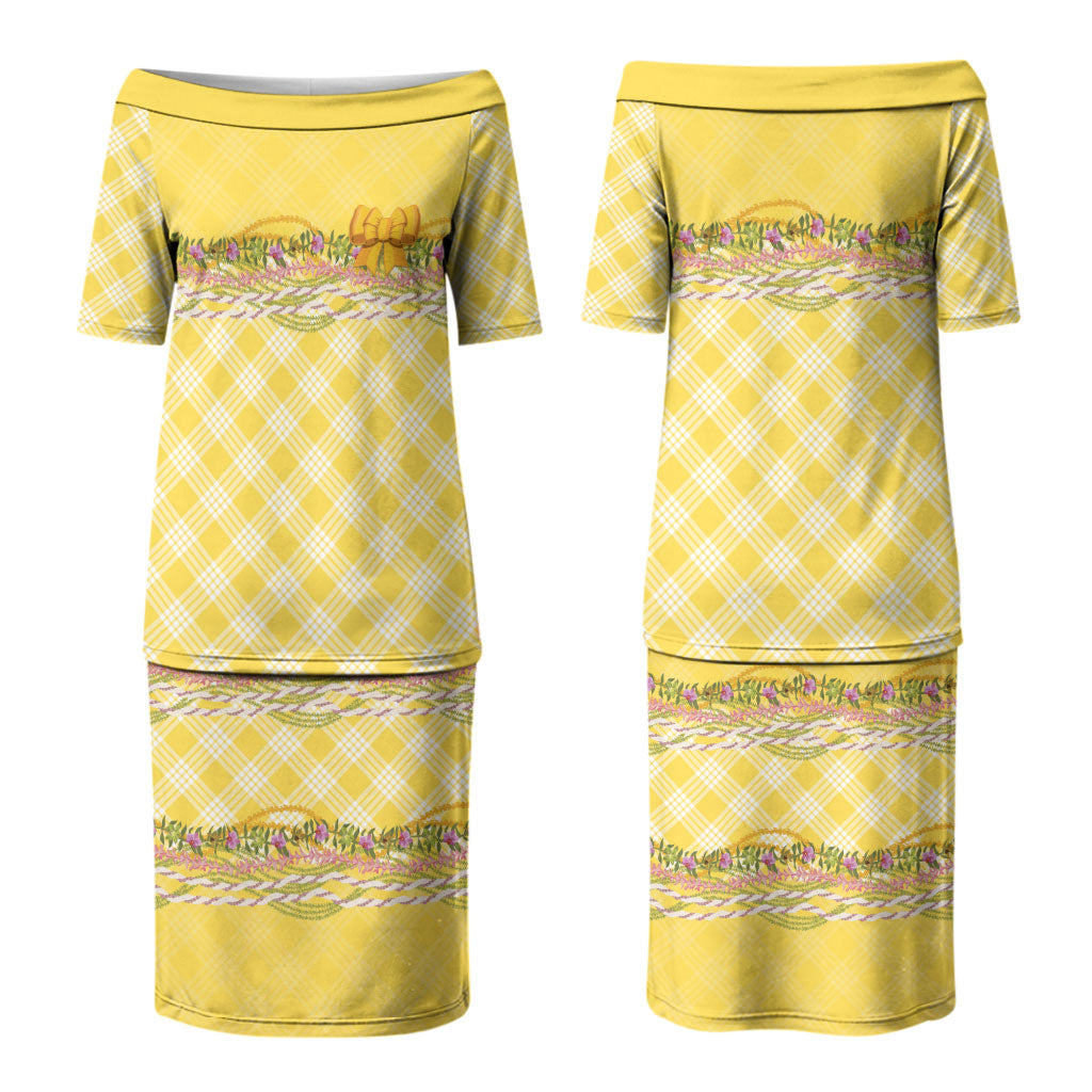Hawaii Palaka Pikake Lokelani Plumeria Couples Matching Puletasi and Long Sleeve Button Shirt Melemele Coquette Bow LT01 - Polynesian Pride