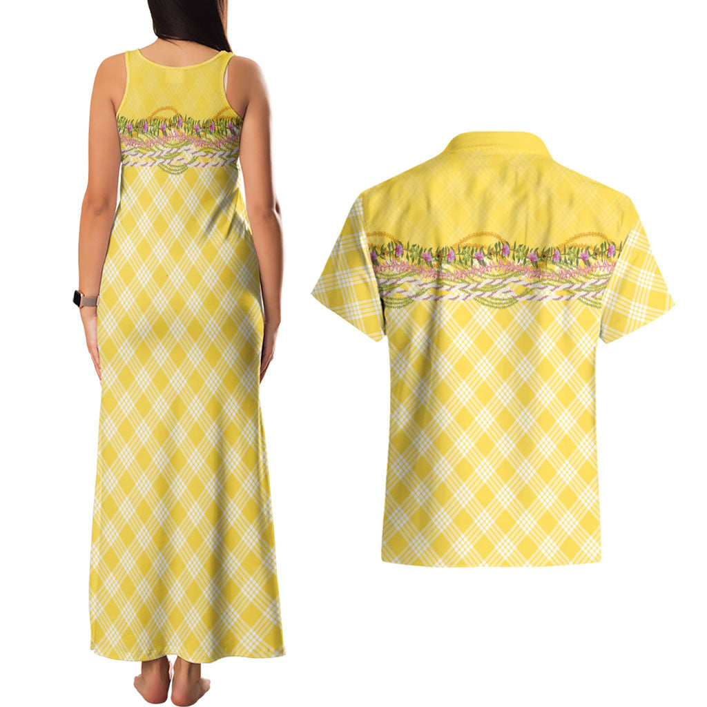 Hawaii Palaka Pikake Lokelani Plumeria Couples Matching Tank Maxi Dress and Hawaiian Shirt Melemele Coquette Bow