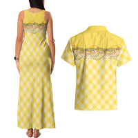 Hawaii Palaka Pikake Lokelani Plumeria Couples Matching Tank Maxi Dress and Hawaiian Shirt Melemele Coquette Bow
