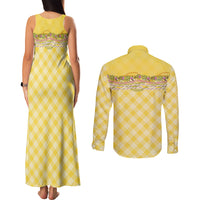 Hawaii Palaka Pikake Lokelani Plumeria Couples Matching Tank Maxi Dress and Long Sleeve Button Shirt Melemele Coquette Bow