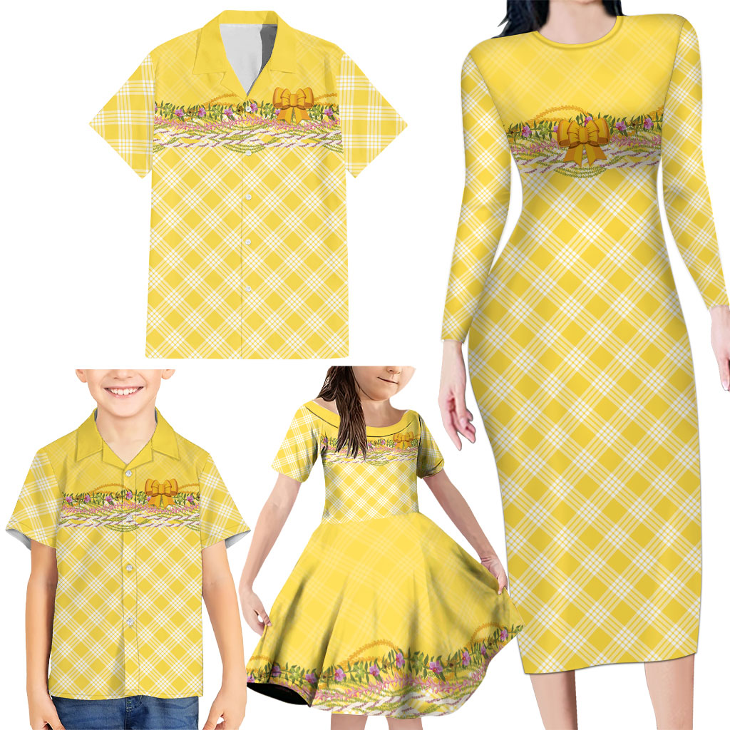 Hawaii Palaka Pikake Lokelani Plumeria Family Matching Long Sleeve Bodycon Dress and Hawaiian Shirt Melemele Coquette Bow