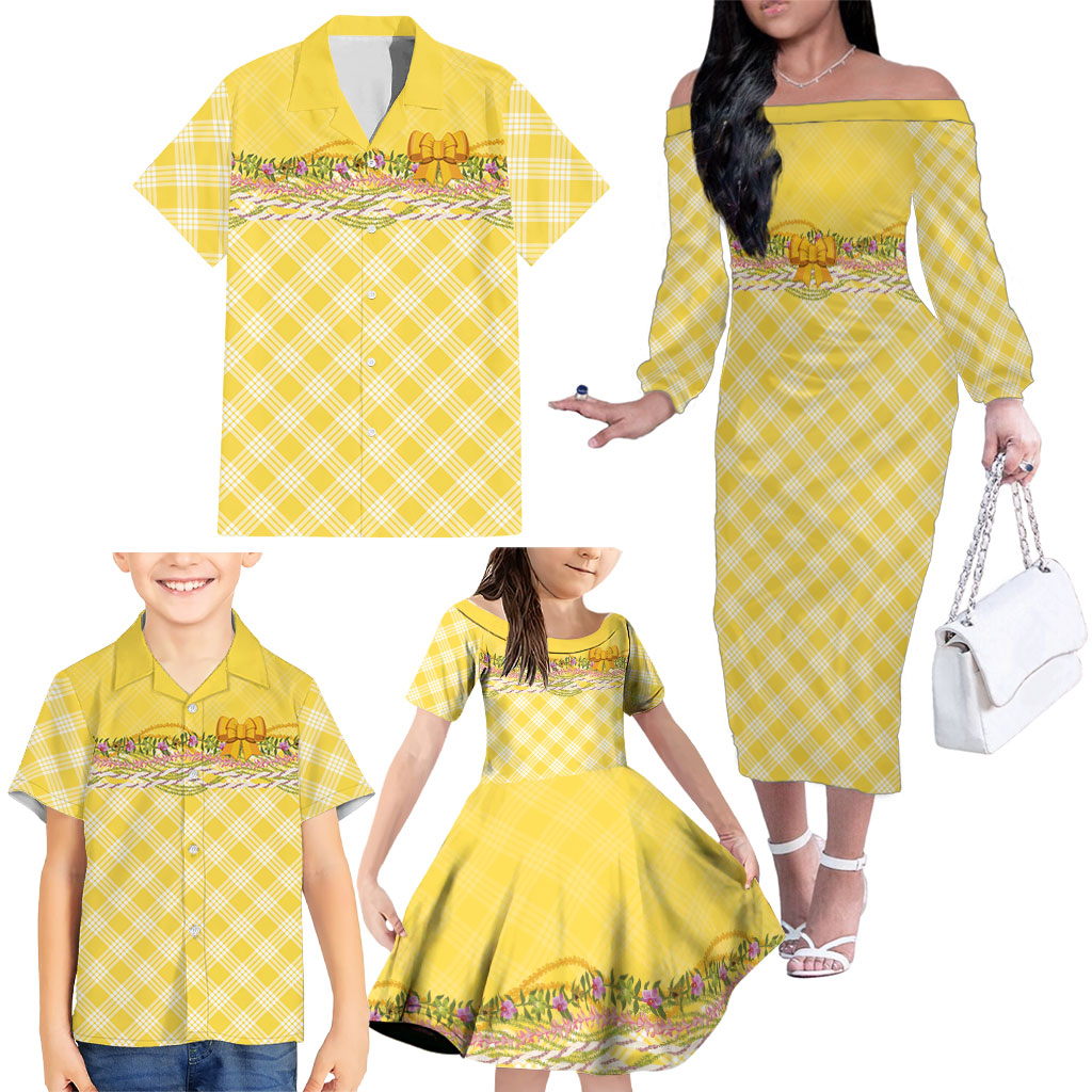 Hawaii Palaka Pikake Lokelani Plumeria Family Matching Off The Shoulder Long Sleeve Dress and Hawaiian Shirt Melemele Coquette Bow