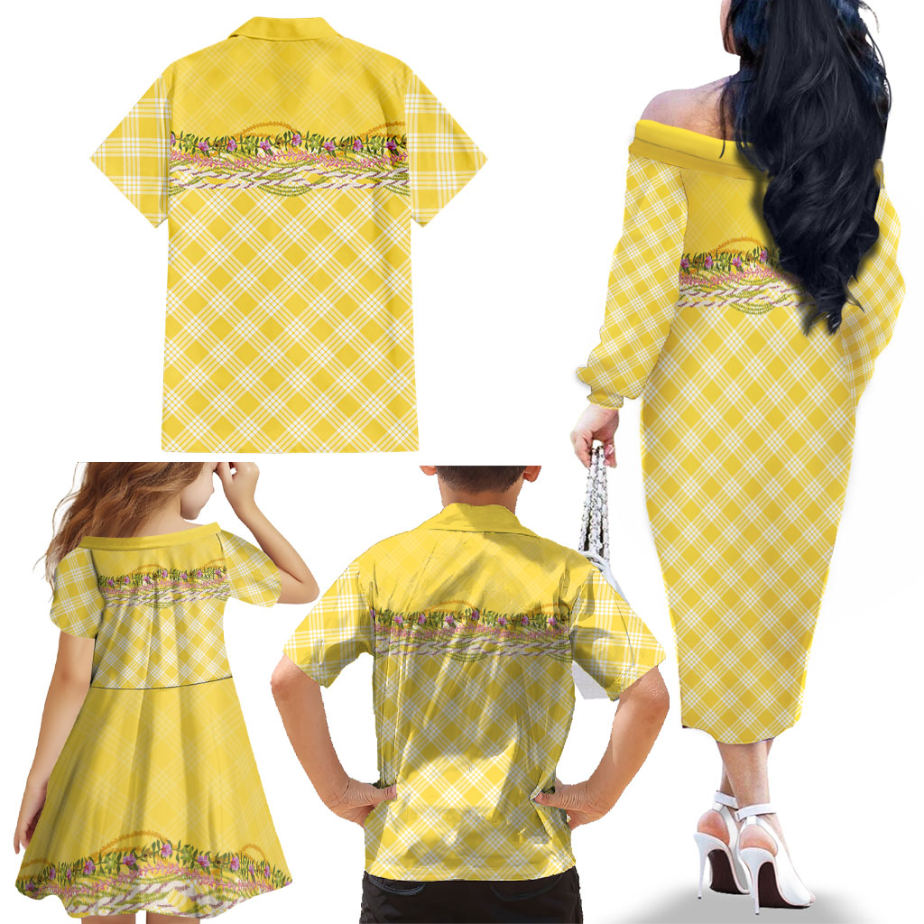 Hawaii Palaka Pikake Lokelani Plumeria Family Matching Off The Shoulder Long Sleeve Dress and Hawaiian Shirt Melemele Coquette Bow