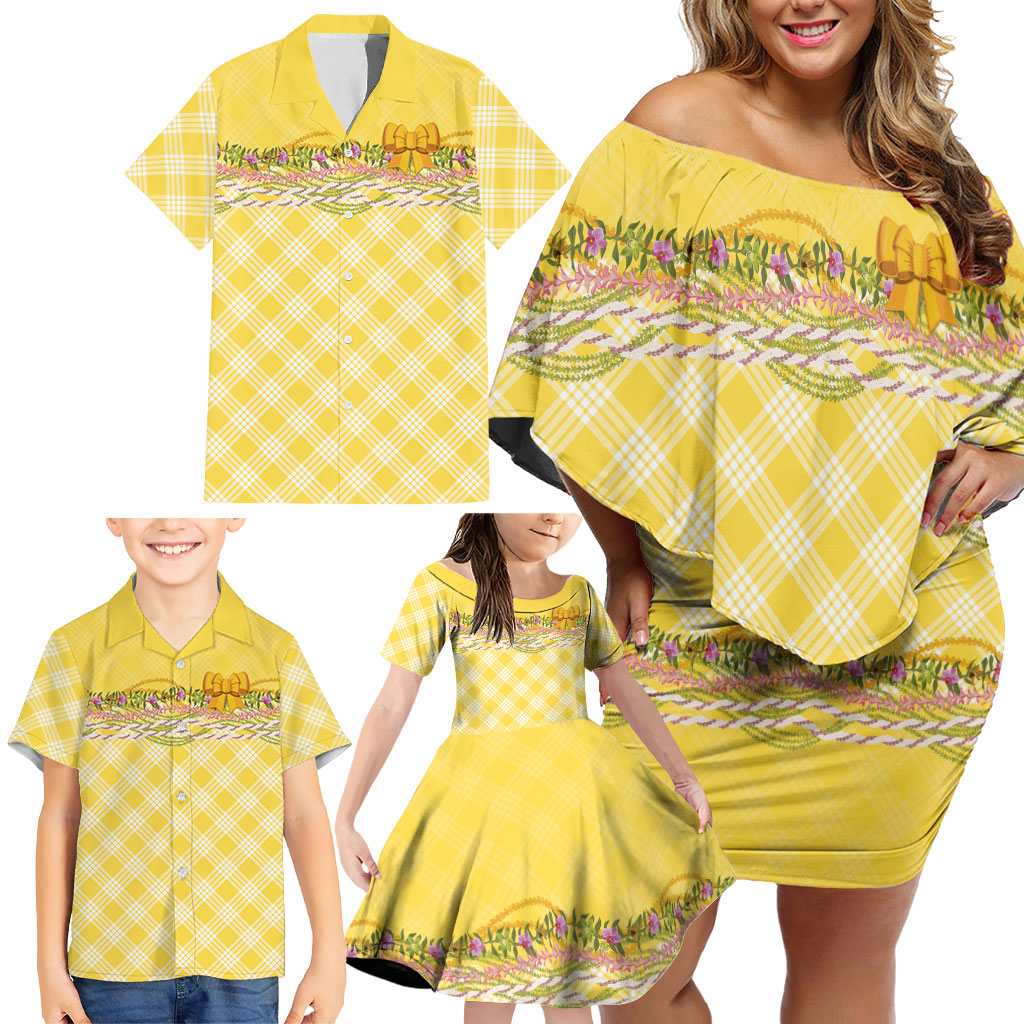 Hawaii Palaka Pikake Lokelani Plumeria Family Matching Off Shoulder Short Dress and Hawaiian Shirt Melemele Coquette Bow