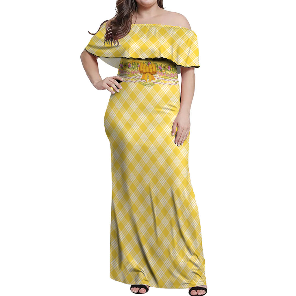 Hawaii Palaka Pikake Lokelani Plumeria Off Shoulder Maxi Dress Melemele Coquette Bow
