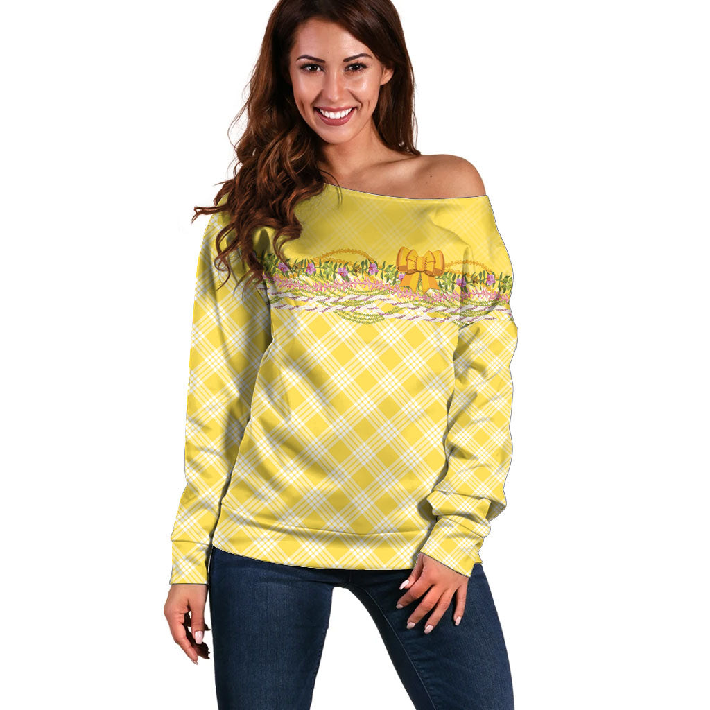 Hawaii Palaka Pikake Lokelani Plumeria Off Shoulder Sweater Melemele Coquette Bow