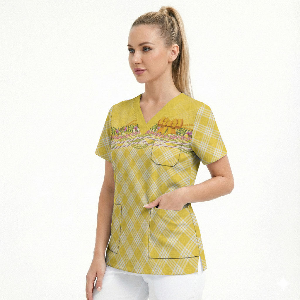 Hawaii Palaka Pikake Lokelani Plumeria Scrub Top Melemele Coquette Bow