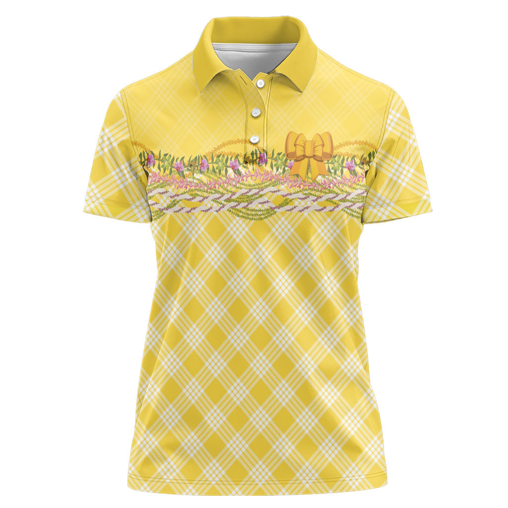 Hawaii Palaka Pikake Lokelani Plumeria Women Polo Shirt Melemele Coquette Bow