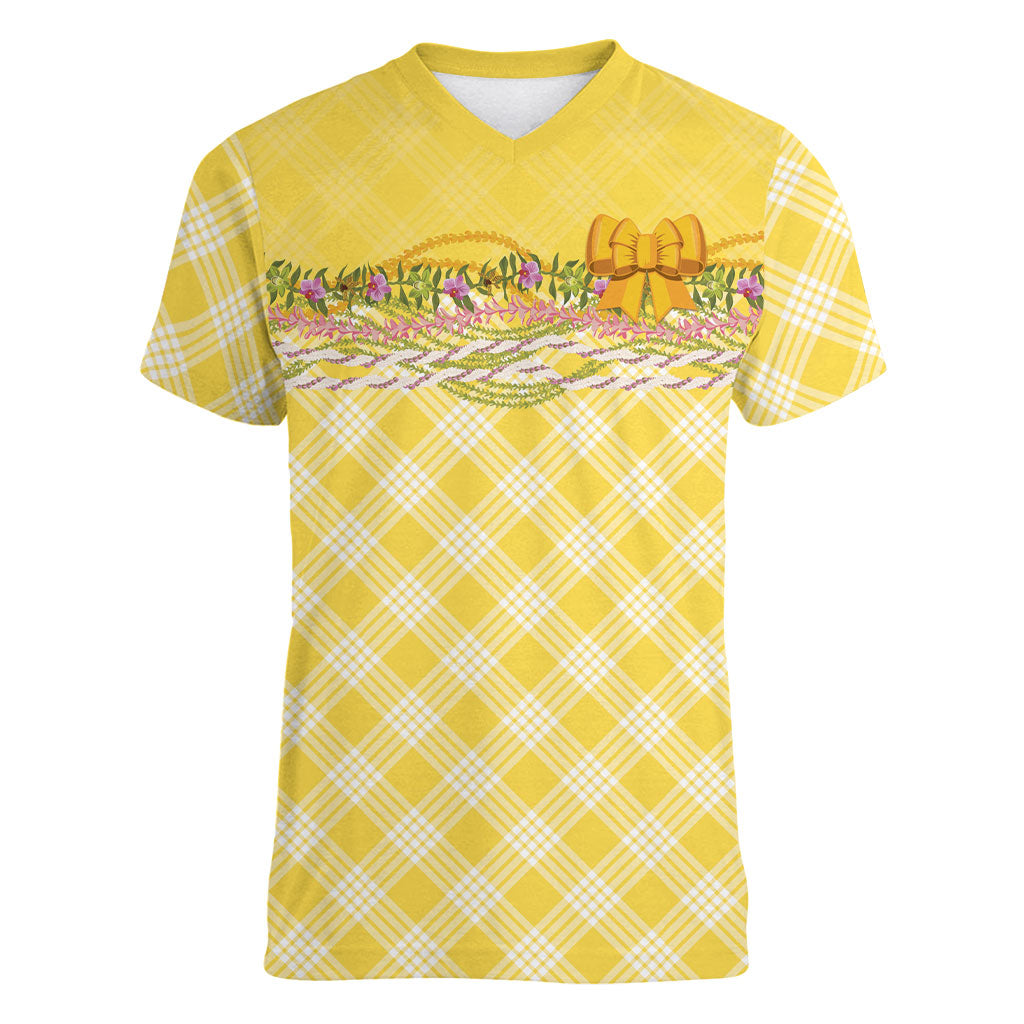 Hawaii Palaka Pikake Lokelani Plumeria Women V-Neck T-Shirt Melemele Coquette Bow