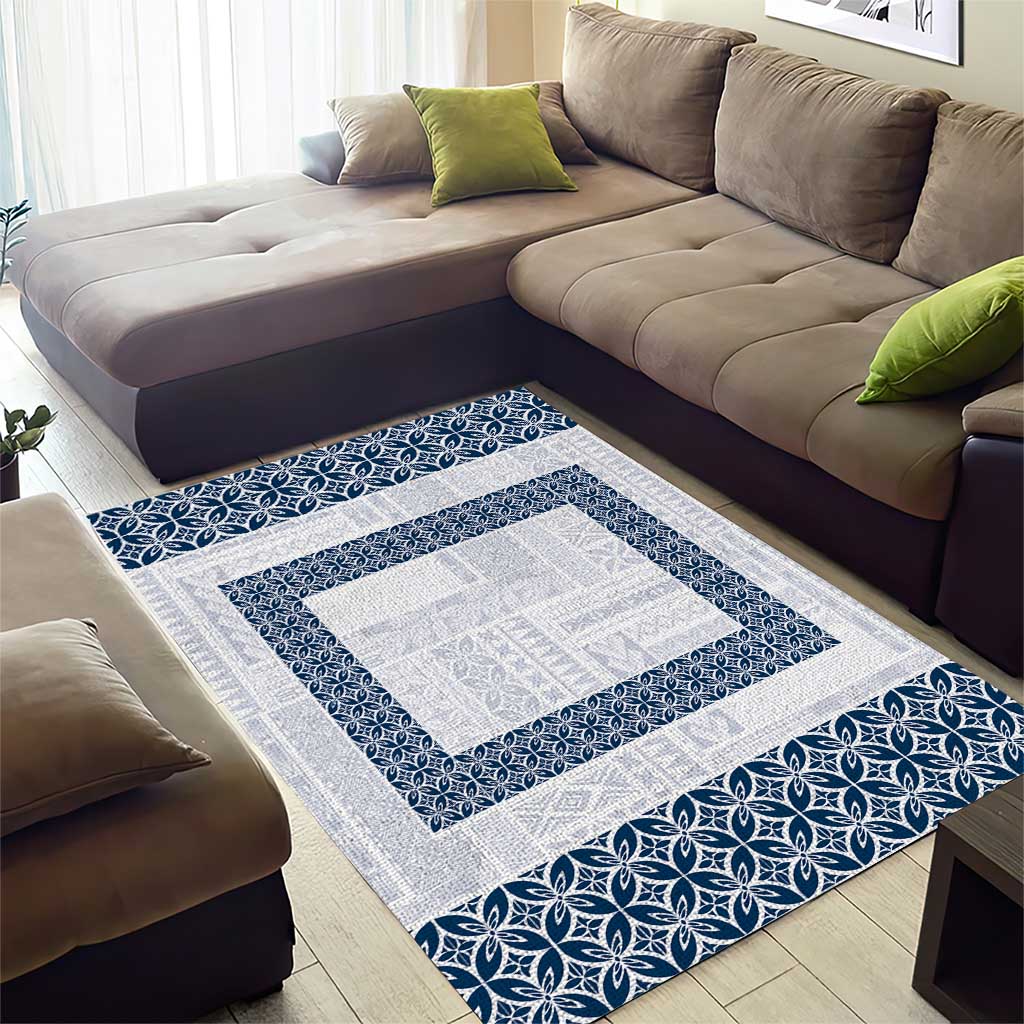 Samoa Siapo Blue Trimmed Area Rug Samoa White Sunday - Polynesian Pride
