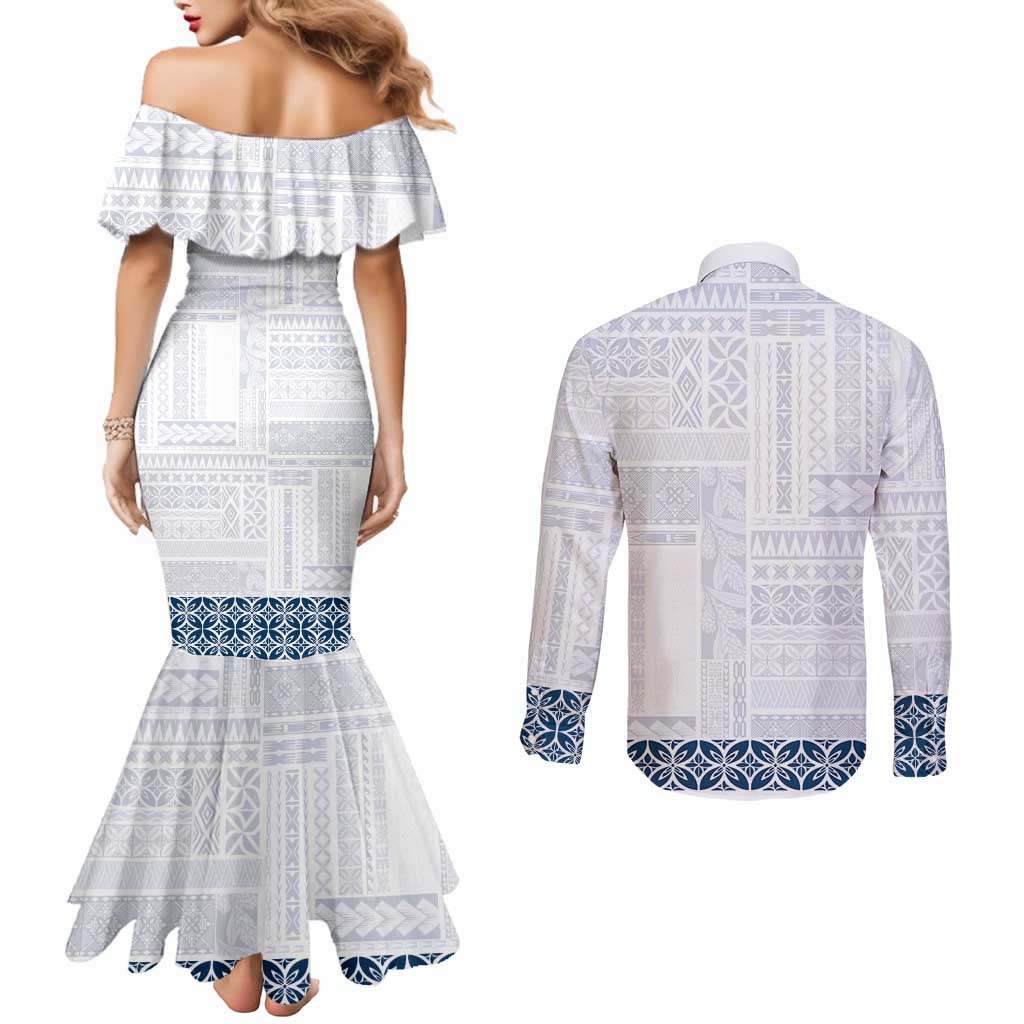 Samoa Siapo Blue Trimmed Couples Matching Mermaid Dress and Long Sleeve Button Shirt Samoa White Sunday - Polynesian Pride