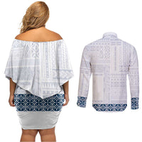 Samoa Siapo Blue Trimmed Couples Matching Off Shoulder Short Dress and Long Sleeve Button Shirt Samoa White Sunday - Polynesian Pride