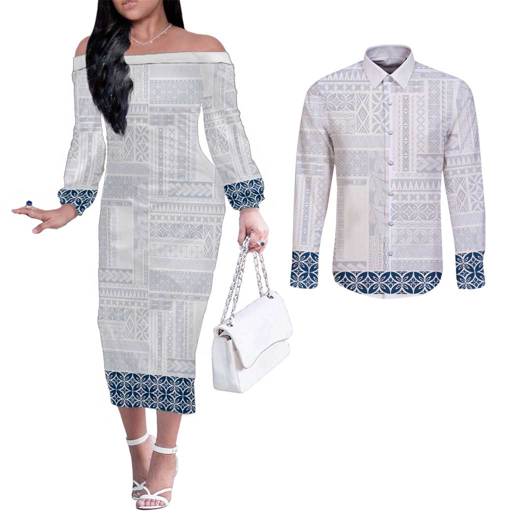 Samoa Siapo Blue Trimmed Couples Matching Off The Shoulder Long Sleeve Dress and Long Sleeve Button Shirt Samoa White Sunday - Polynesian Pride