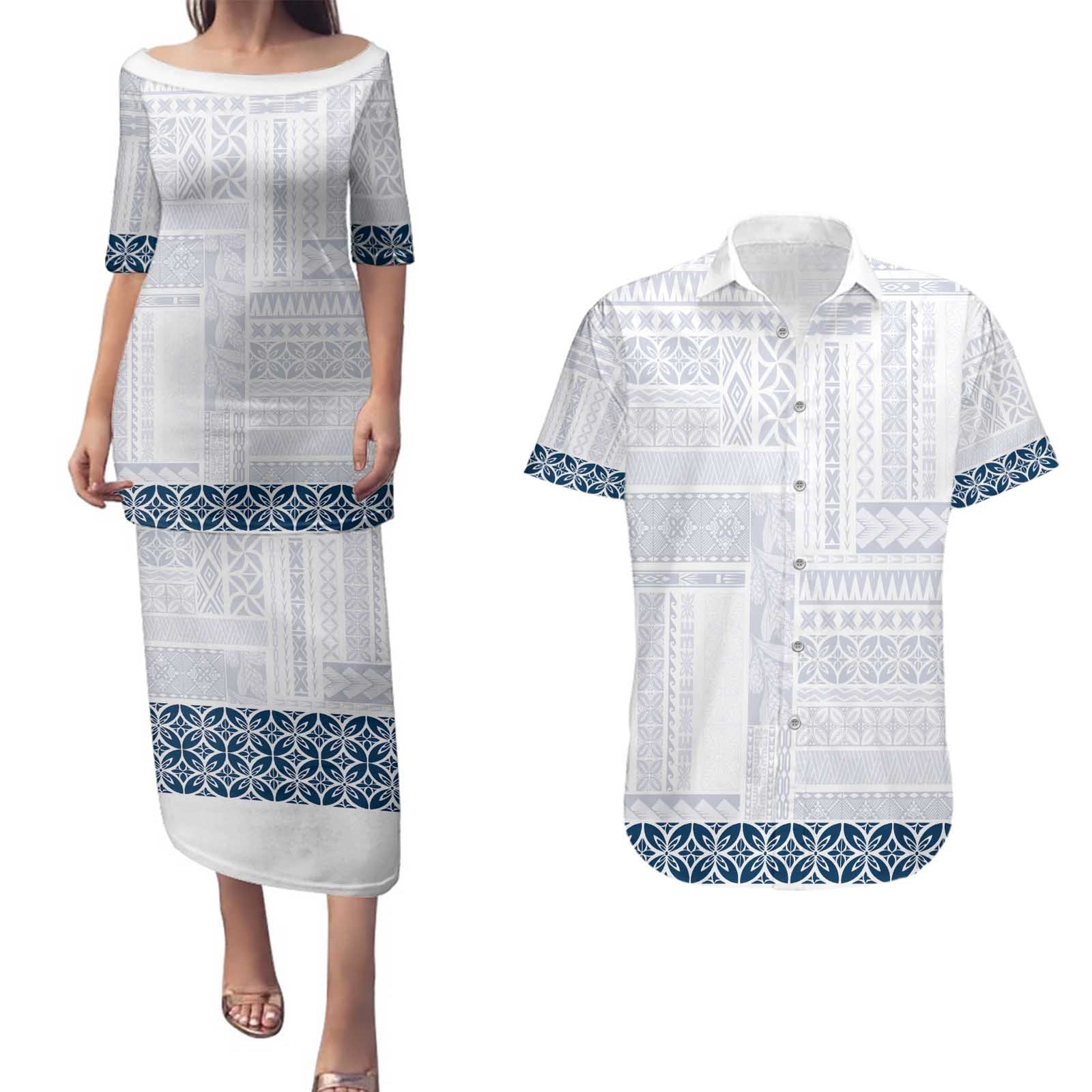 Samoa Siapo Blue Trimmed Couples Matching Puletasi and Hawaiian Shirt Samoa White Sunday - Polynesian Pride