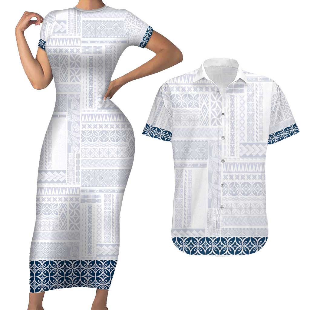 Samoa Siapo Blue Trimmed Couples Matching Short Sleeve Bodycon Dress and Hawaiian Shirt Samoa White Sunday - Polynesian Pride