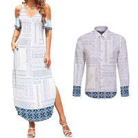 Samoa Siapo Blue Trimmed Couples Matching Summer Maxi Dress and Long Sleeve Button Shirt Samoa White Sunday - Polynesian Pride