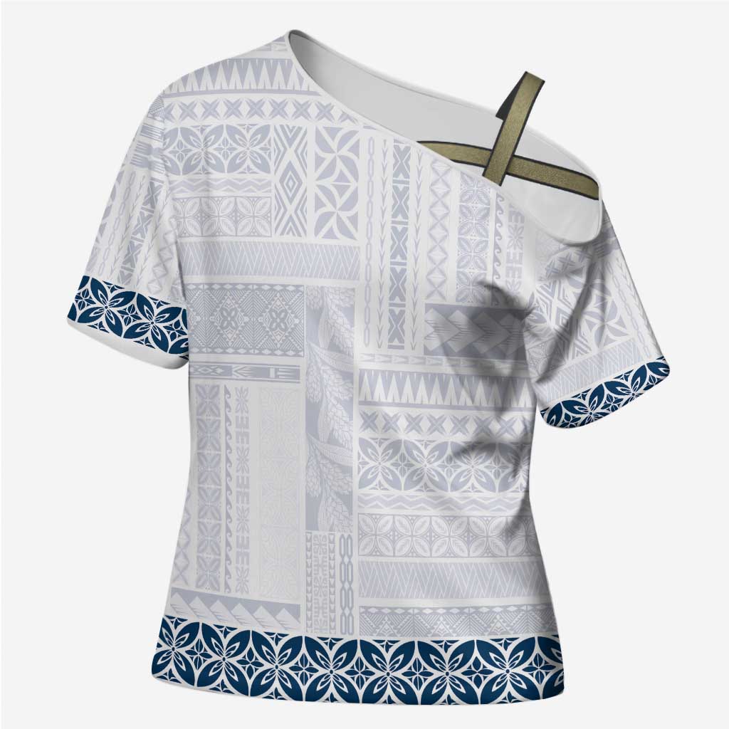 Samoa Siapo Blue Trimmed Cross Shoulder Shirt Samoa White Sunday - Polynesian Pride