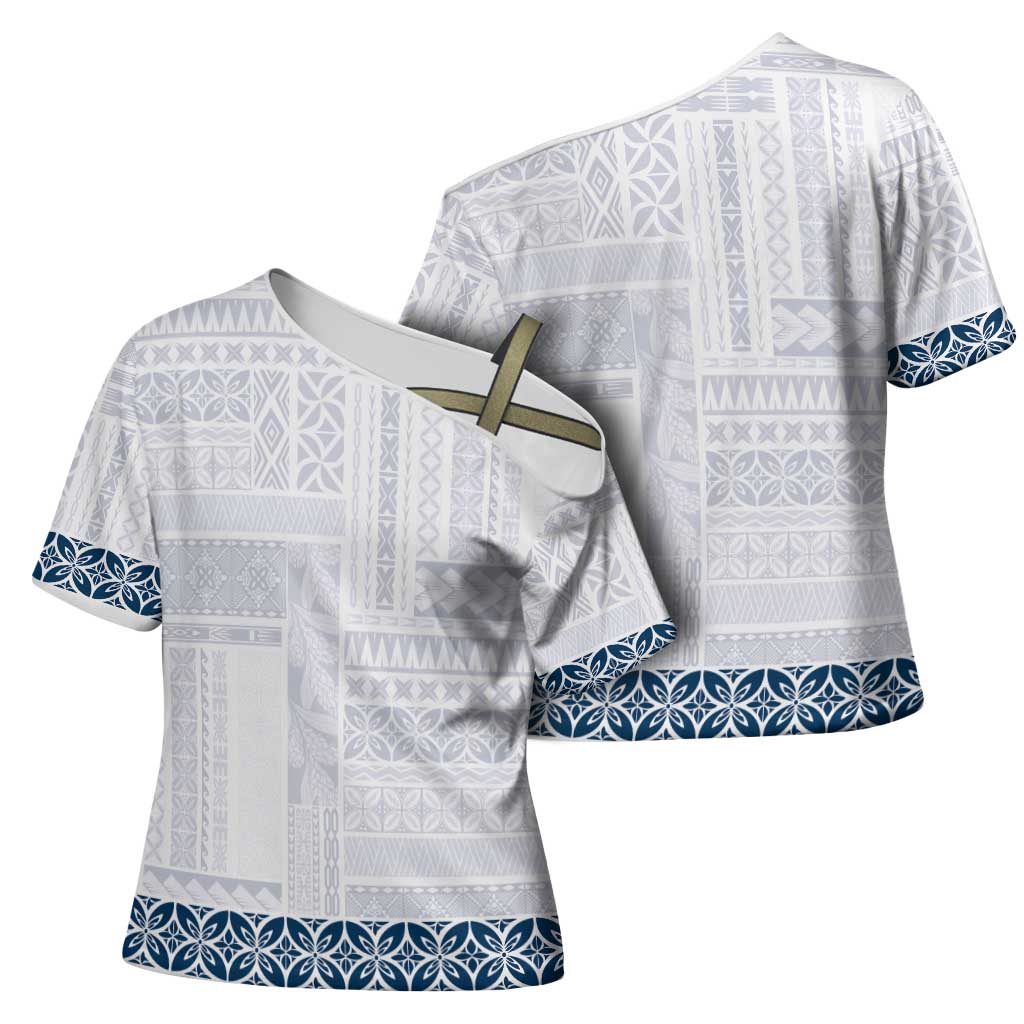 Samoa Siapo Blue Trimmed Cross Shoulder Shirt Samoa White Sunday - Polynesian Pride
