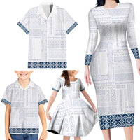Samoa Siapo Blue Trimmed Family Matching Long Sleeve Bodycon Dress and Hawaiian Shirt Samoa White Sunday - Polynesian Pride