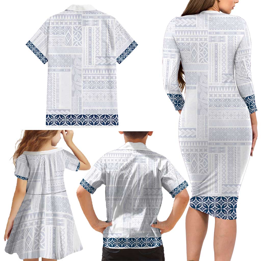 Samoa Siapo Blue Trimmed Family Matching Long Sleeve Bodycon Dress and Hawaiian Shirt Samoa White Sunday - Polynesian Pride