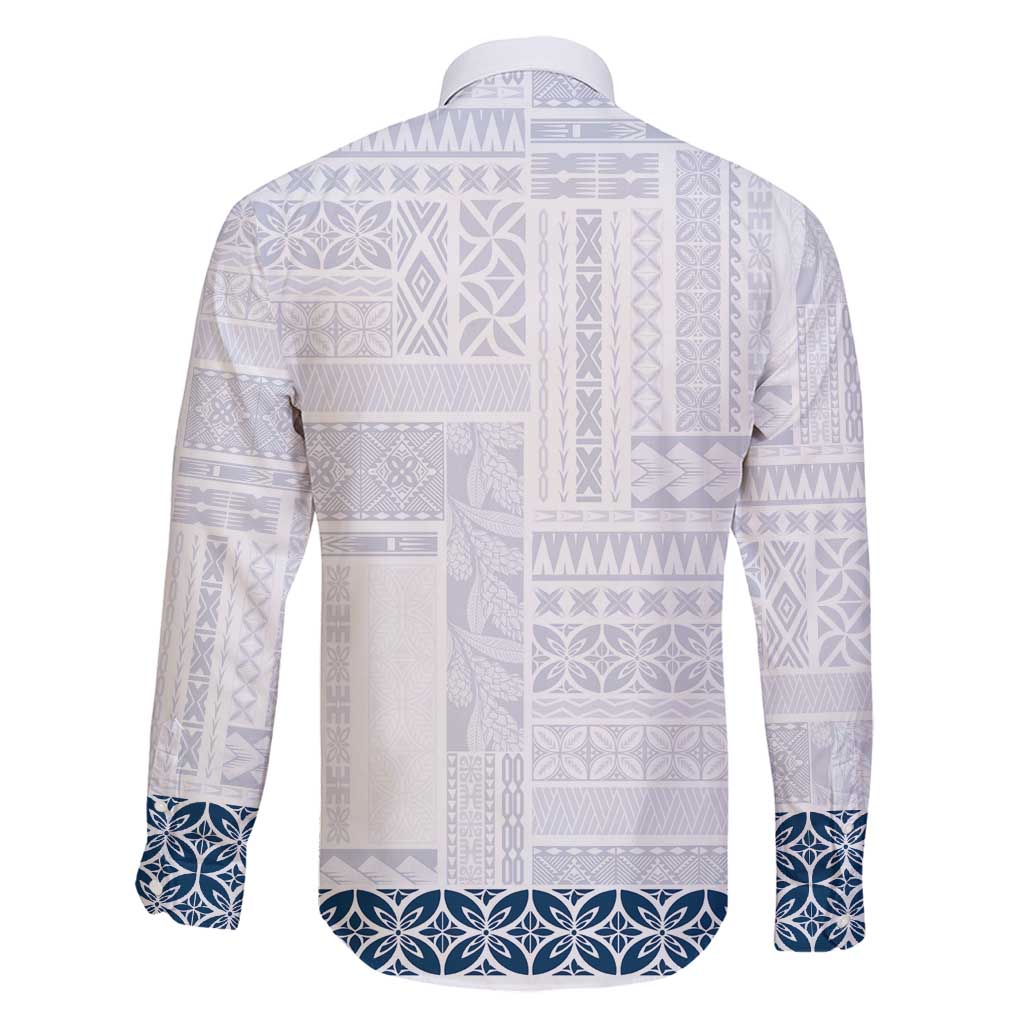 Samoa Siapo Blue Trimmed Family Matching Long Sleeve Bodycon Dress and Hawaiian Shirt Samoa White Sunday - Polynesian Pride